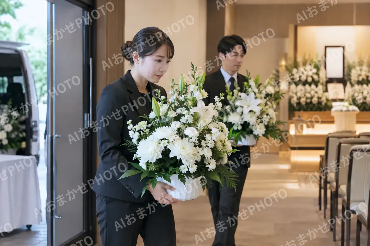 花屋が供花を運びこむ様子（葬儀・葬祭・斎場の写真 No.45）