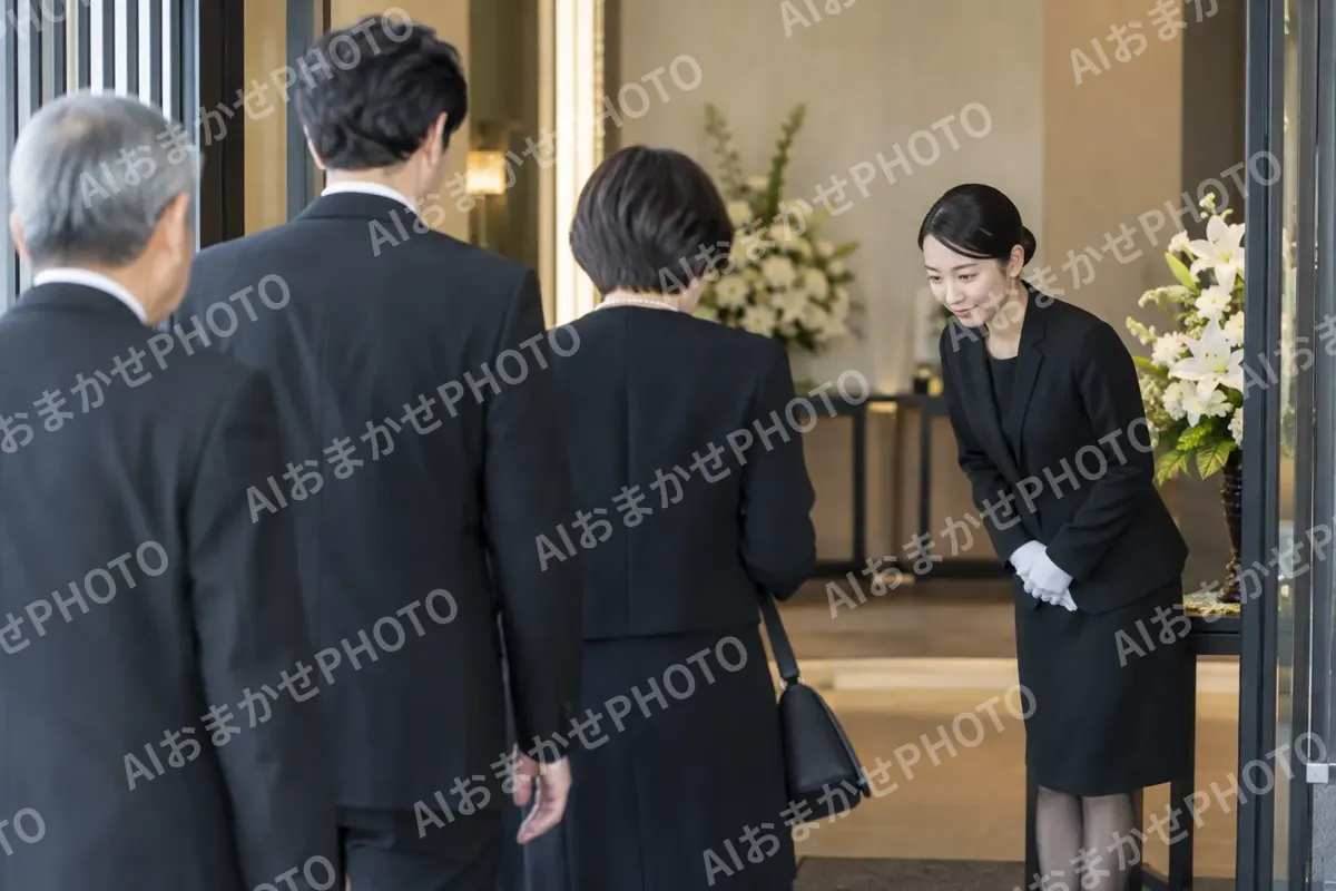玄関で参列の人を迎えるスタッフ（葬儀・葬祭・斎場の写真 No.47）