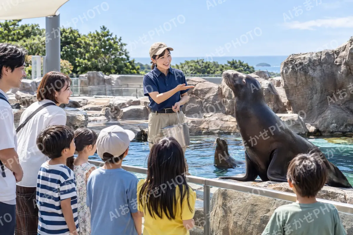 飼育員の説明を聞く子どもたち（水族館・動物園・テーマパークの写真 No.25）