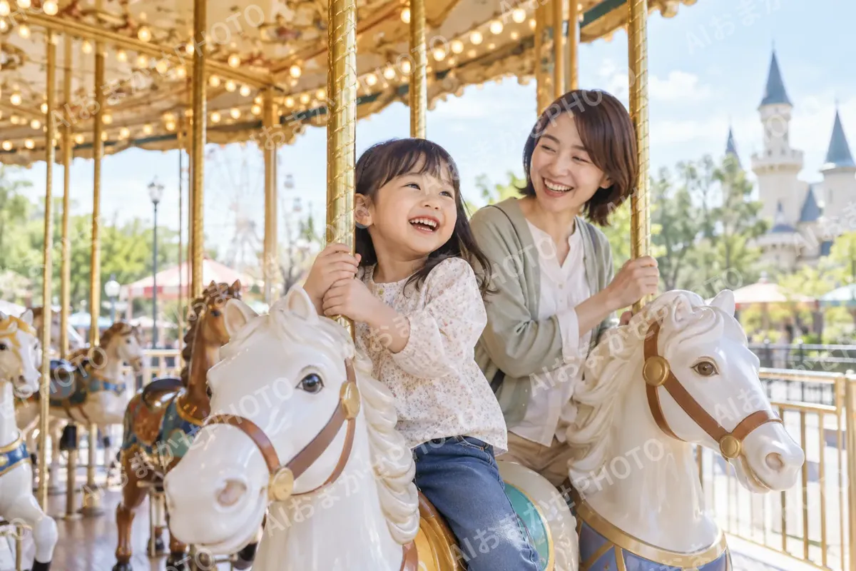 メリーゴーラウンドに乗る親子（水族館・動物園・テーマパークの写真 No.26）
