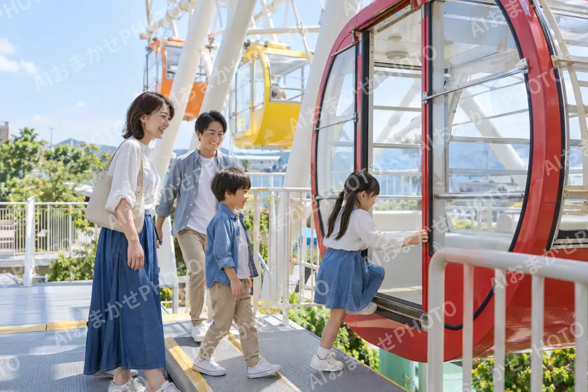 観覧車に乗りこむ家族（水族館・動物園・テーマパークの写真 No.27）