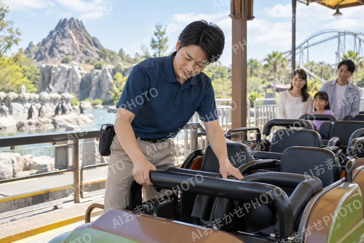 乗り物の安全バーを確かめるスタッフ（水族館・動物園・テーマパークの写真 No.31）