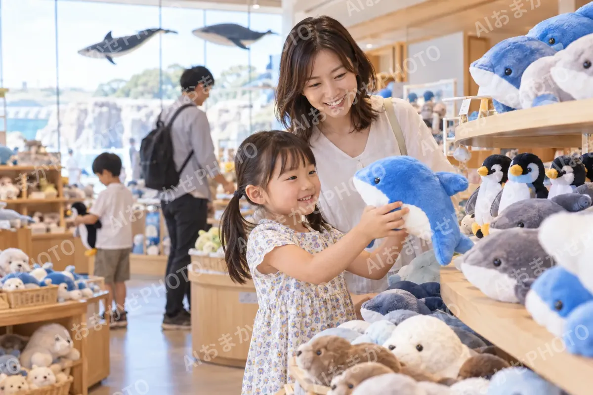 売店でぬいぐるみを選ぶ子ども（水族館・動物園・テーマパークの写真 No.33）