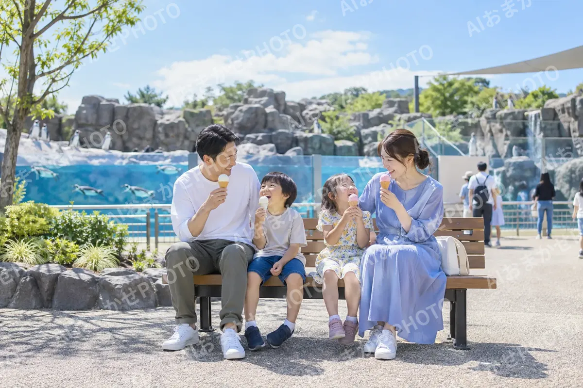 ベンチでアイスを食べる家族（水族館・動物園・テーマパークの写真 No.34）