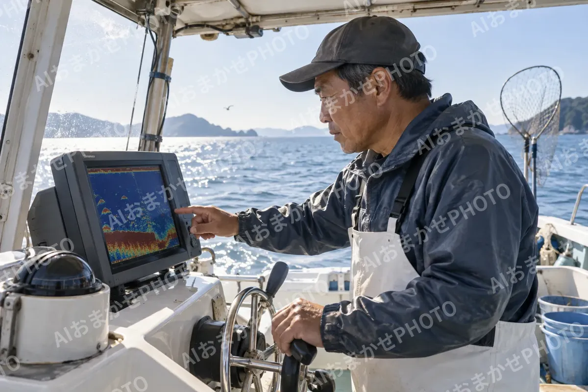 魚群探知機の画面を見る船長（釣り船・遊漁船の写真 No.25）