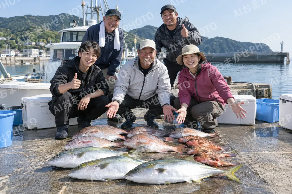 釣った魚をならべて記念の写真を撮るお客様たち（釣り船・遊漁船の写真 No.30）