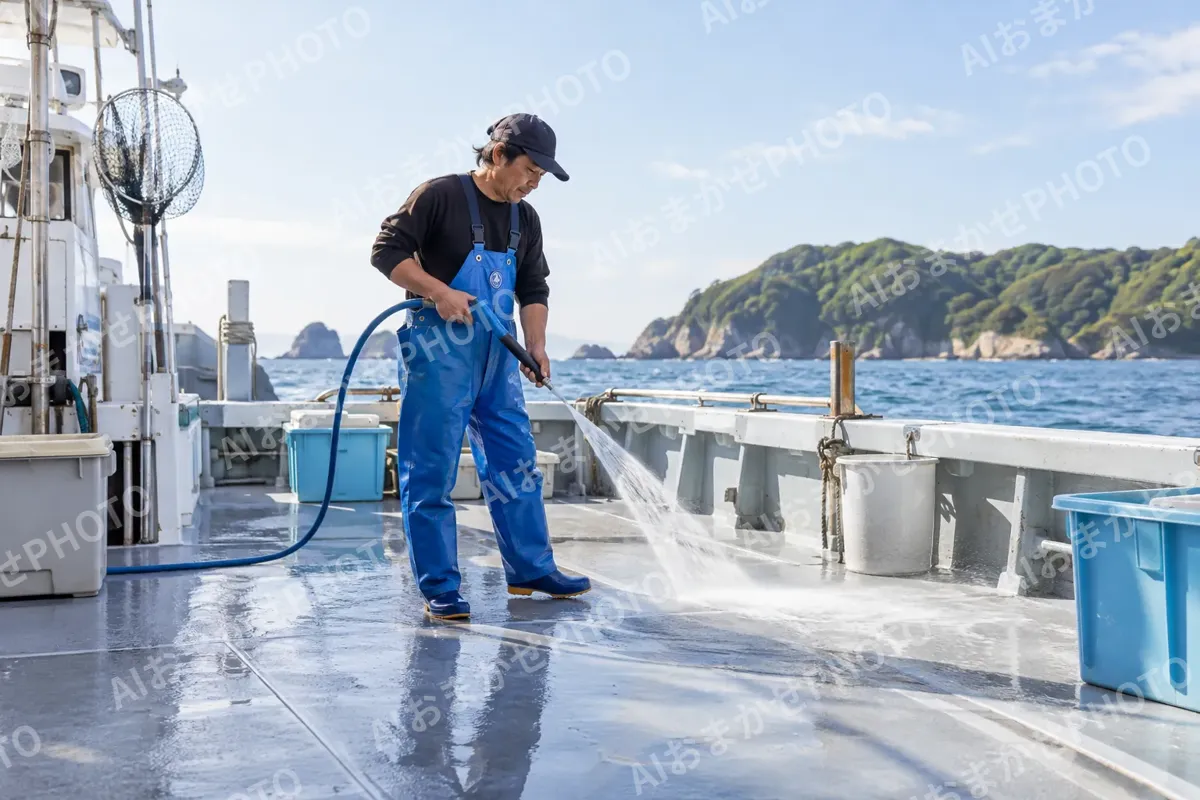 船の甲板を水で洗う船長（釣り船・遊漁船の写真 No.31）