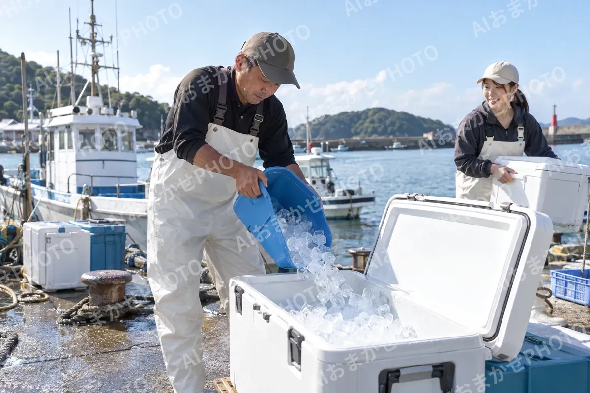 港で氷をクーラーボックスに入れるスタッフ（釣り船・遊漁船の写真 No.34）