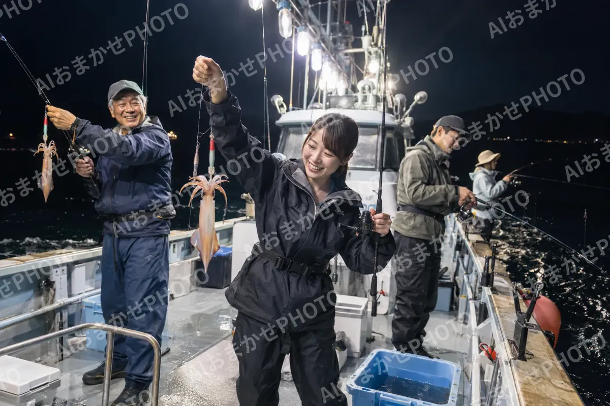 夜の船で明かりをつけてイカを釣るお客様たち（釣り船・遊漁船の写真 No.35）
