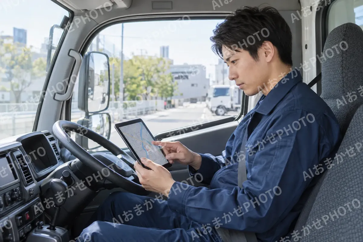 運転席でタブレットの地図を確かめるドライバー（運送・配送・トラックの写真 No.61）