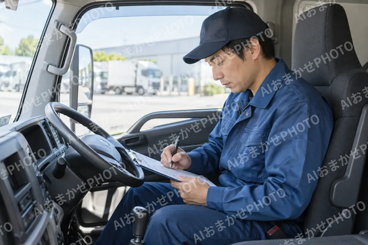 運転席で日報を書くドライバー（運送・配送・トラックの写真 No.62）