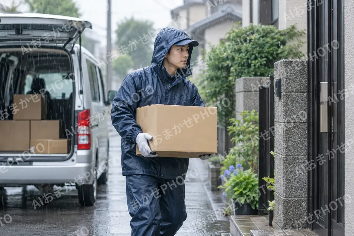 雨の中でかっぱを着て荷物を運ぶ配達員（運送・配送・トラックの写真 No.65）