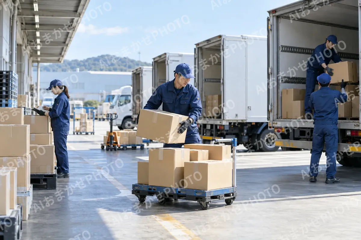 営業所で荷物をトラックごとに並べる作業員たち（運送・配送・トラックの写真 No.66）