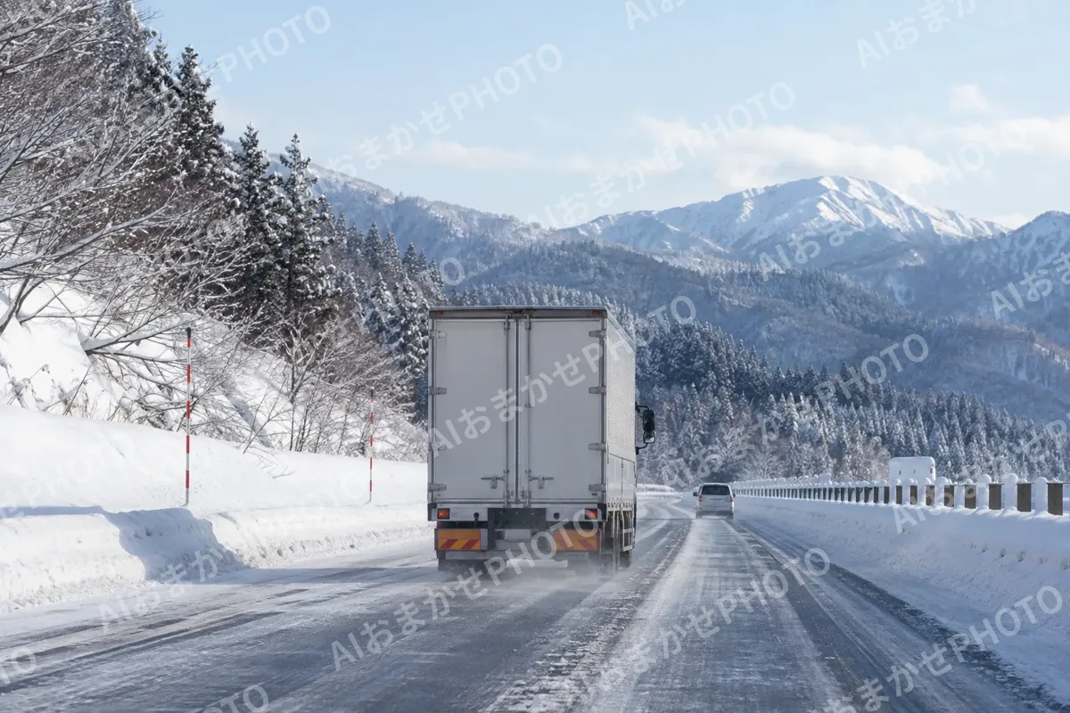 雪道を走るトラックの後ろ姿（運送・配送・トラックの写真 No.82）