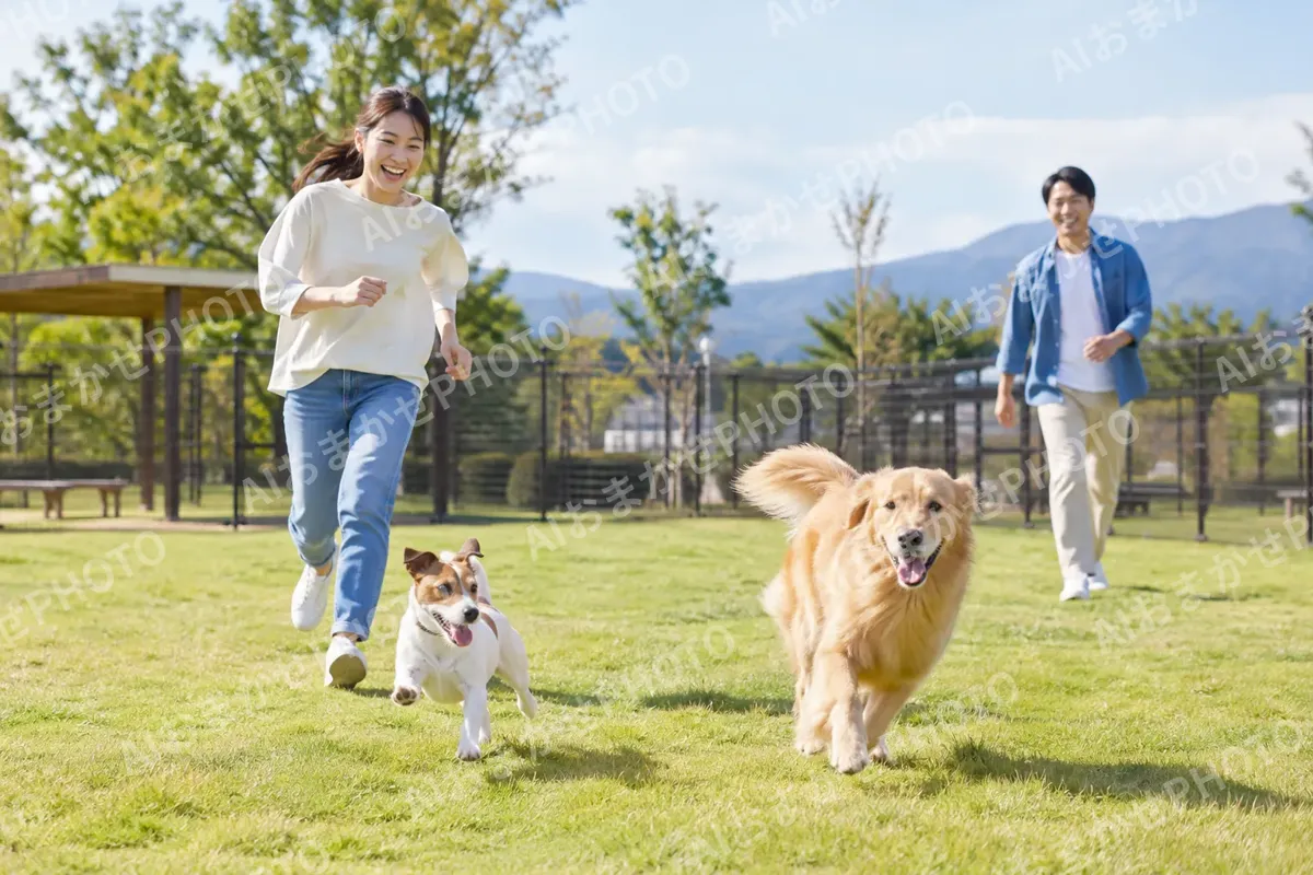 ドッグランを走る犬と飼い主（ペットホテル・ドッグランの写真 No.25）