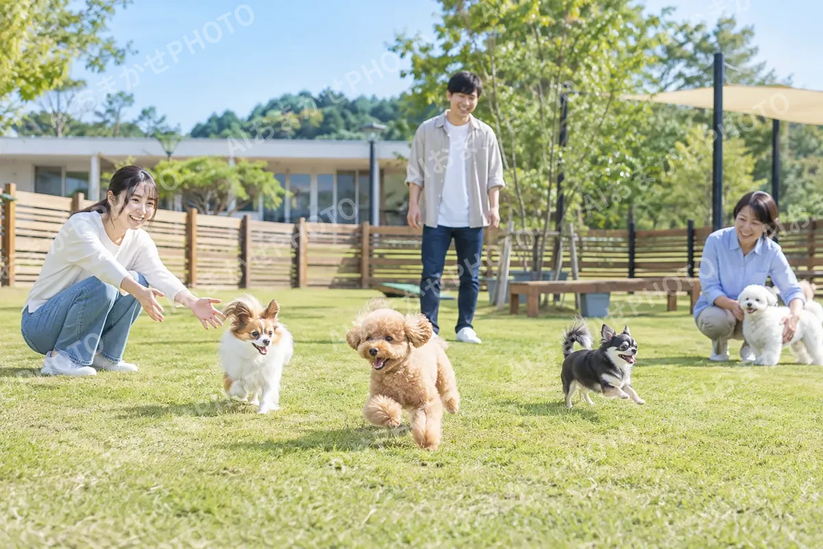 小型犬のエリアで遊ぶ犬たちと飼い主（ペットホテル・ドッグランの写真 No.29）