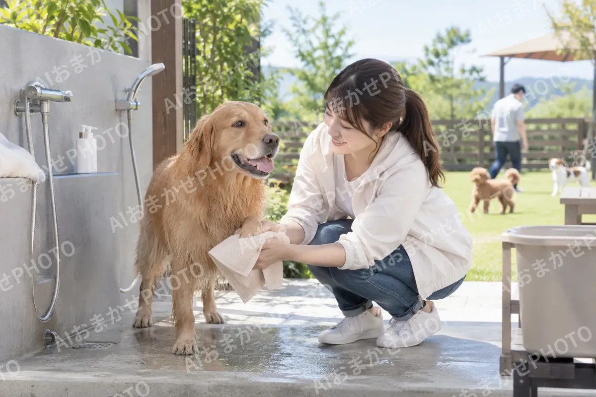 足を洗う場所で犬の足をふく飼い主（ペットホテル・ドッグランの写真 No.32）
