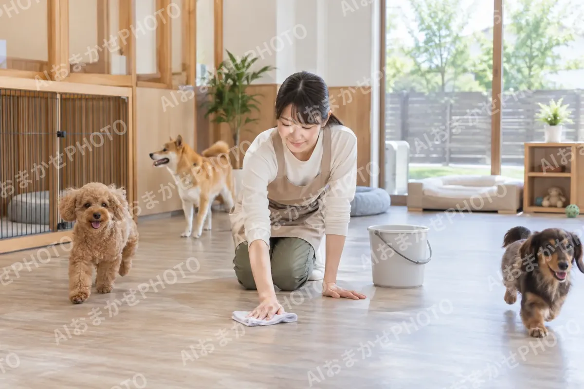 犬の部屋の床をふくスタッフ（ペットホテル・ドッグランの写真 No.34）