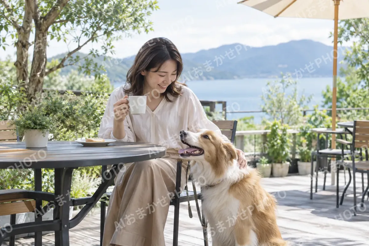 カフェのテラスで犬とくつろぐ飼い主（ペットホテル・ドッグランの写真 No.35）