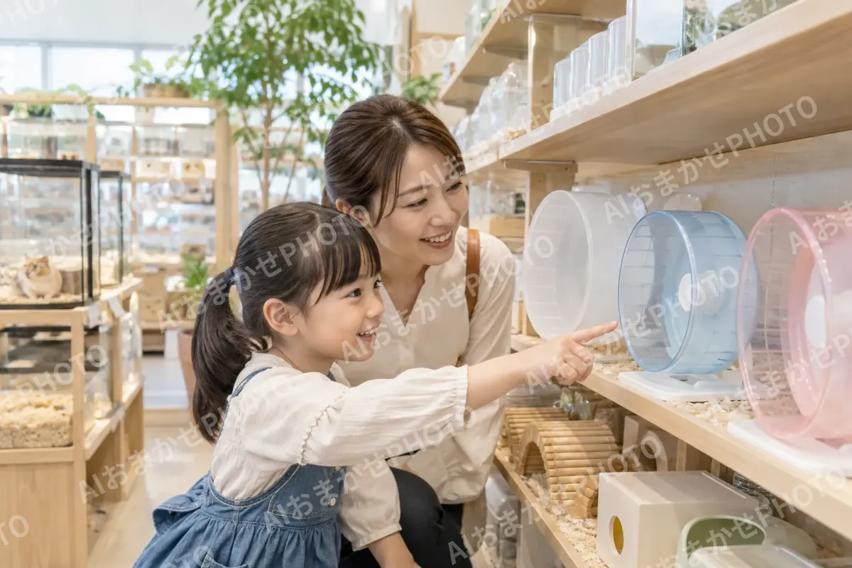 ハムスターの回し車を選ぶ子どもと親（ペット用品店の写真 No.25）
