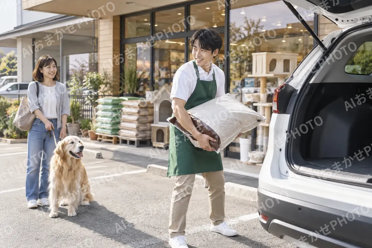 重いふくろを車まで運ぶ店員（ペット用品店の写真 No.29）