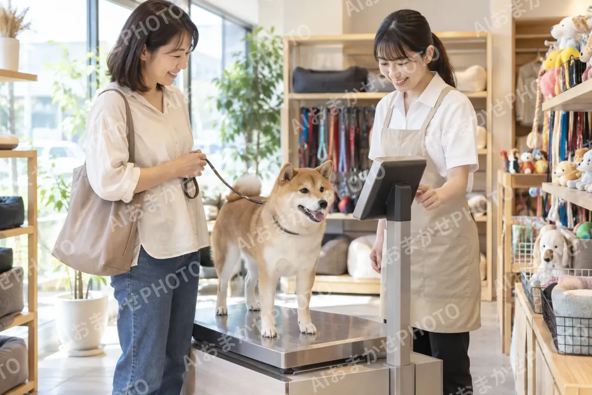 犬の体重をはかる店員と飼い主（ペット用品店の写真 No.30）