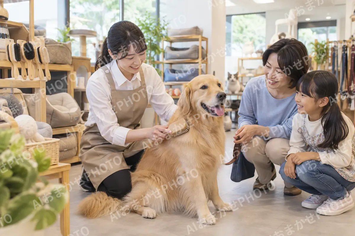 ブラシの使い方を犬で見せる店員（ペット用品店の写真 No.32）