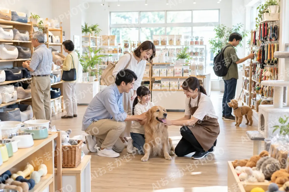 ペット用品がならぶ明るい店の中の全体（ペット用品店の写真 No.35）