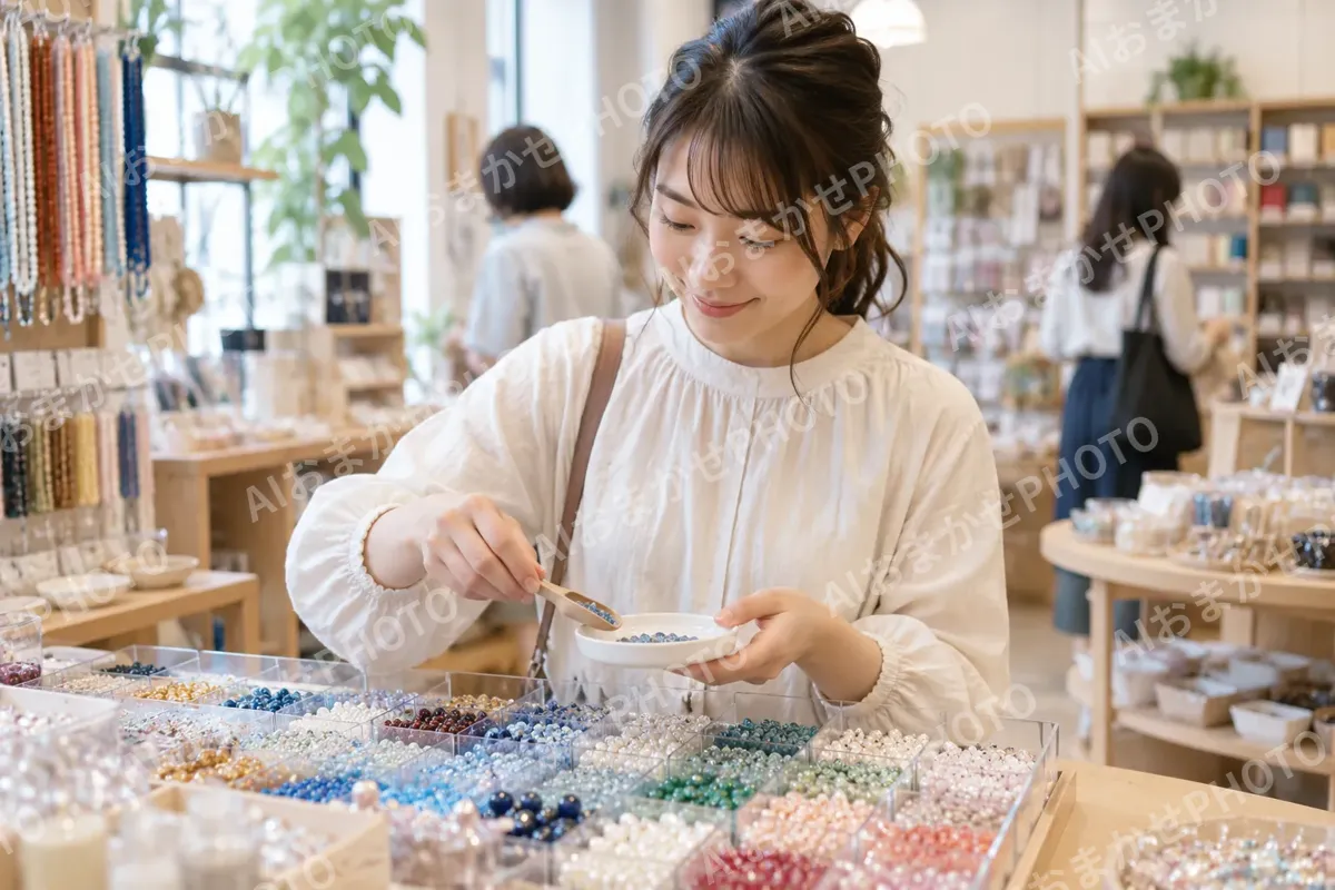 ビーズを小さな皿に取り分けるお客様（文房具・手芸用品の写真 No.28）