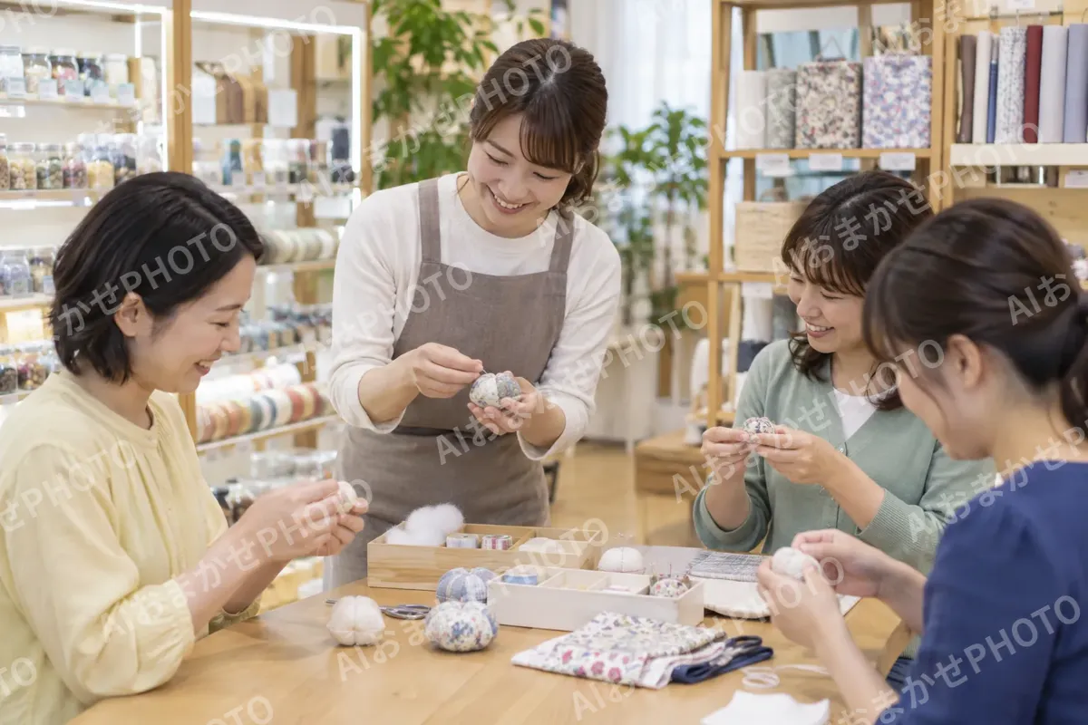 店の中の机で手芸の講習をする店員と参加者たち（文房具・手芸用品の写真 No.29）
