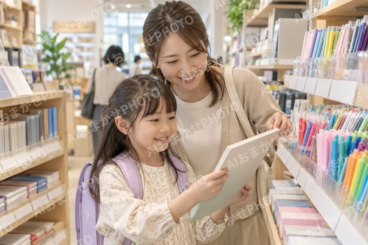 入学前の子どもと文房具をそろえる親（文房具・手芸用品の写真 No.30）
