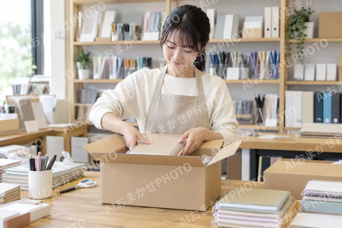 会社の注文の品物を箱につめる店員（文房具・手芸用品の写真 No.31）