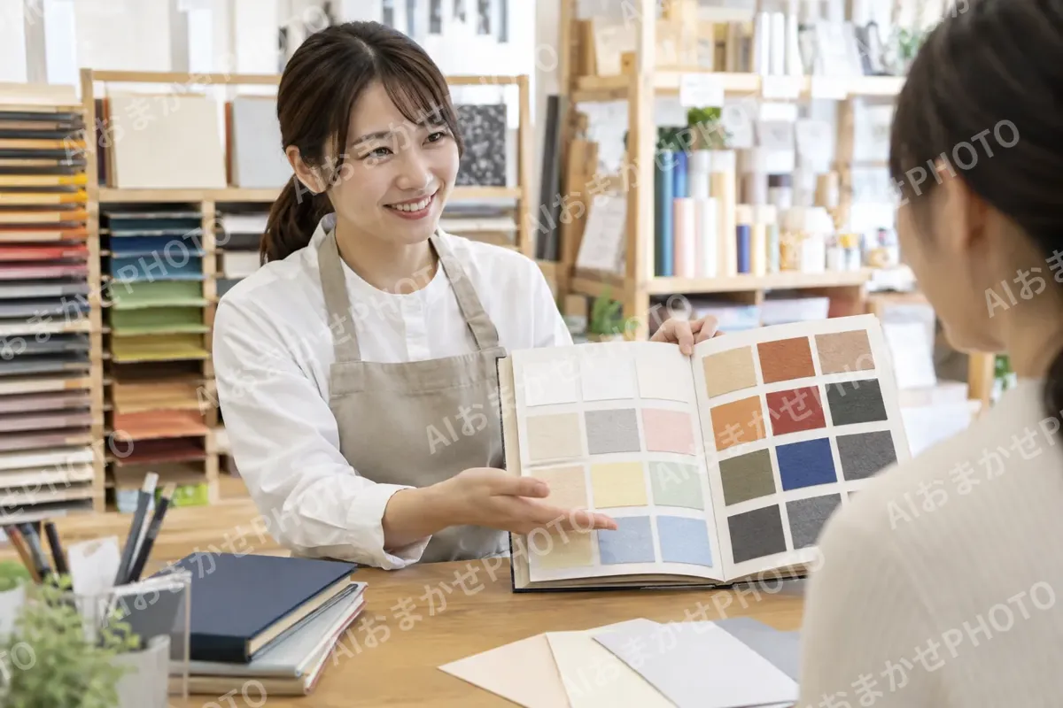 紙の見本帳を開いて見せる店員（文房具・手芸用品の写真 No.34）