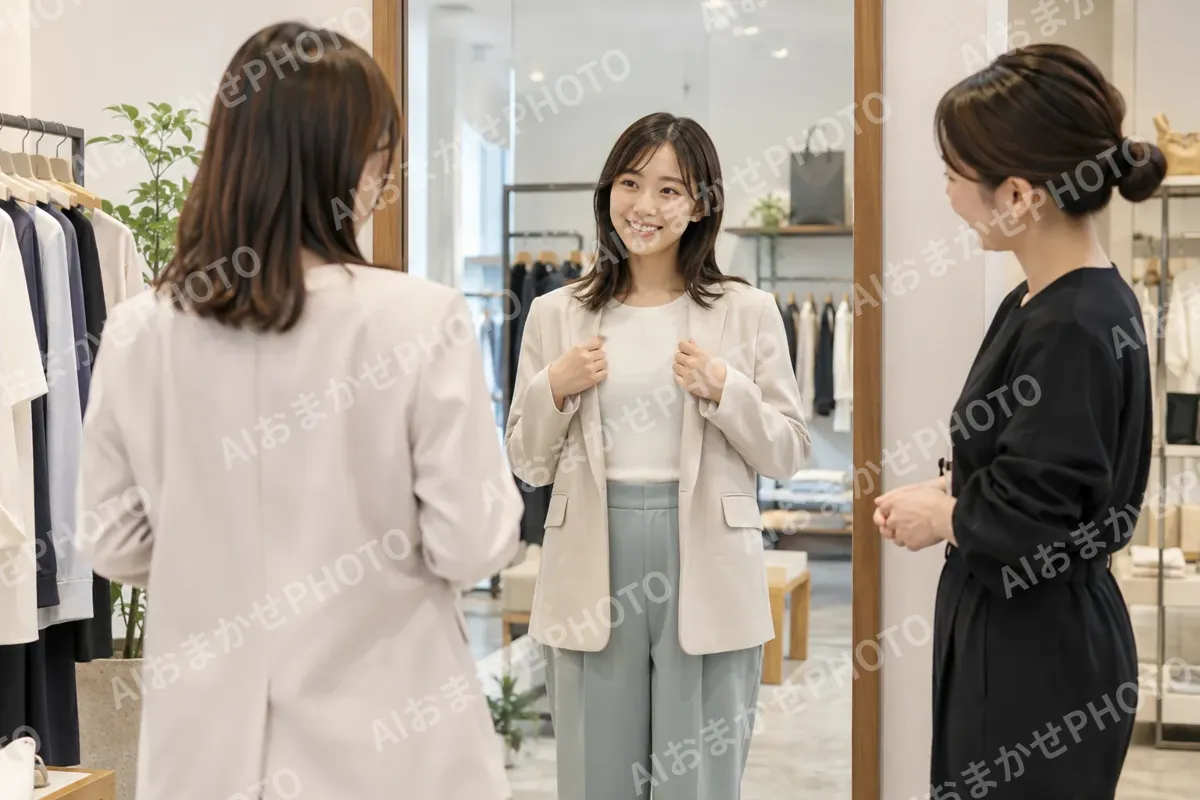 鏡の前で上着をはおるお客様と店員（ファッション・アパレル・靴の写真 No.26）