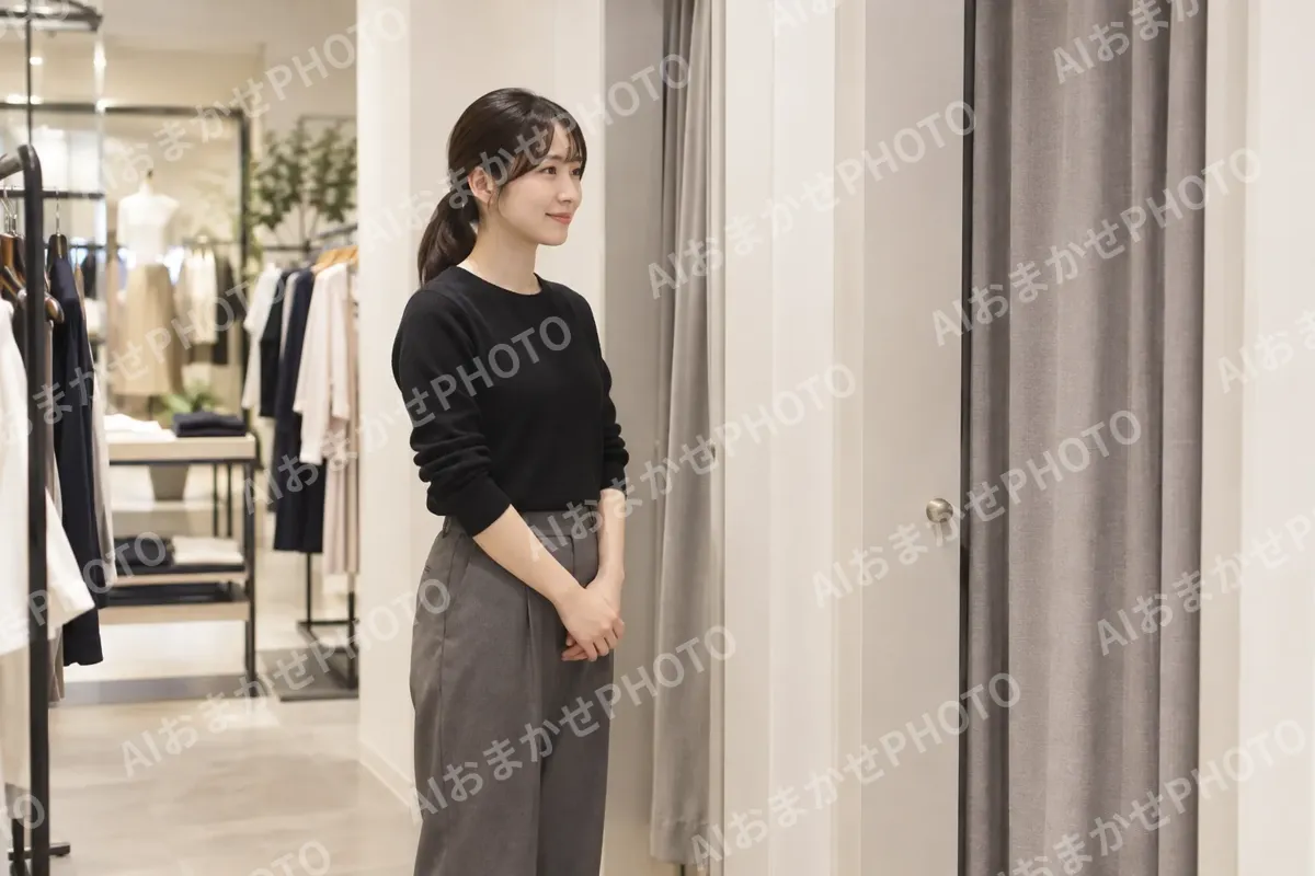 試着室の前で待つ店員（ファッション・アパレル・靴の写真 No.27）