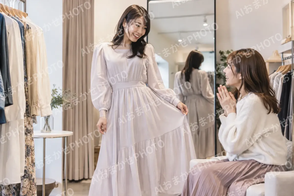 試着した服を友だちに見せるお客様（ファッション・アパレル・靴の写真 No.28）
