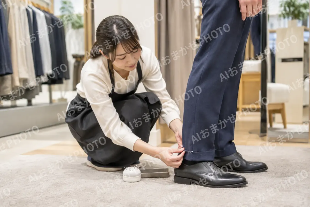 ズボンのすその長さをピンでとめる店員（ファッション・アパレル・靴の写真 No.29）