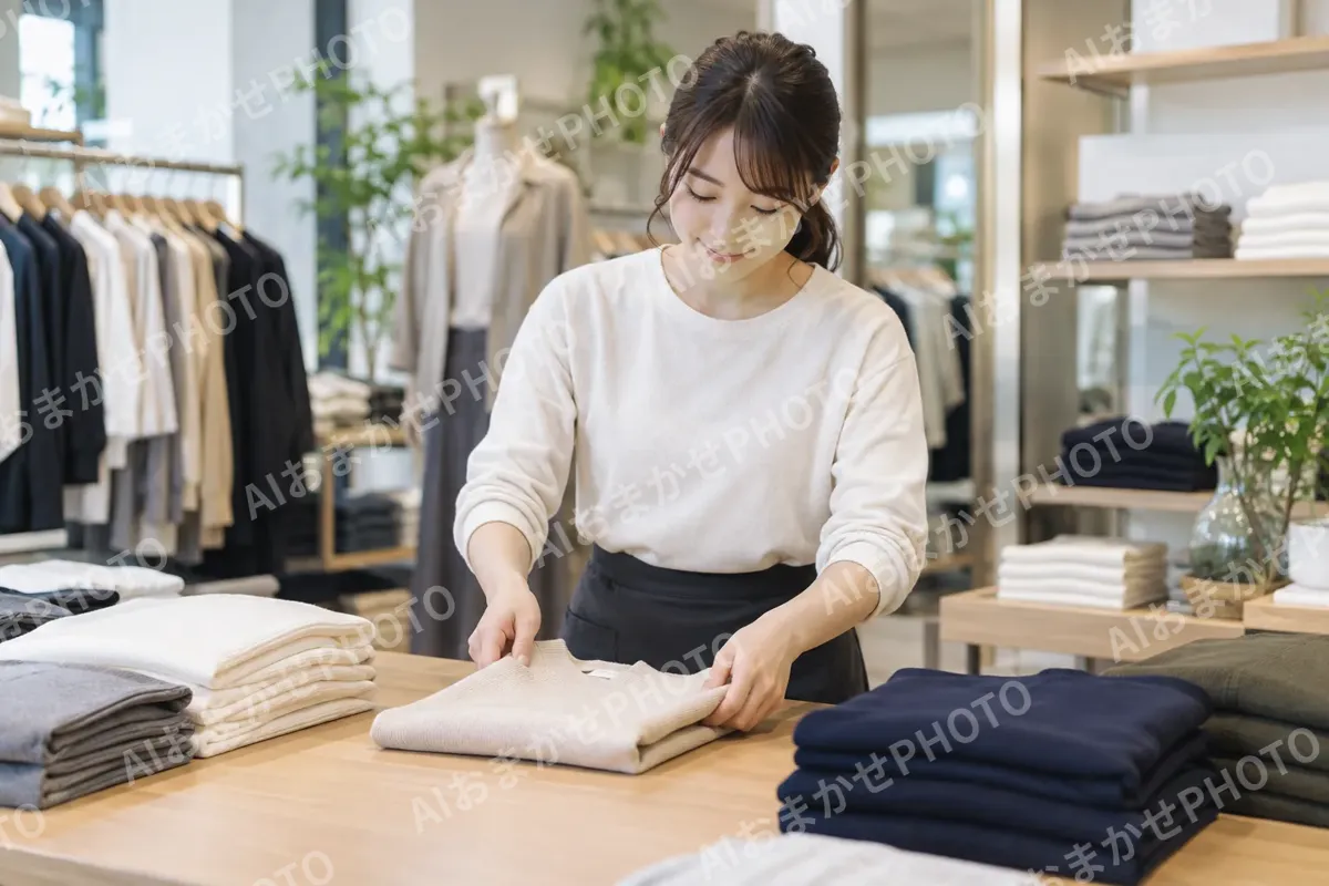 服をきれいにたたむ店員（ファッション・アパレル・靴の写真 No.35）