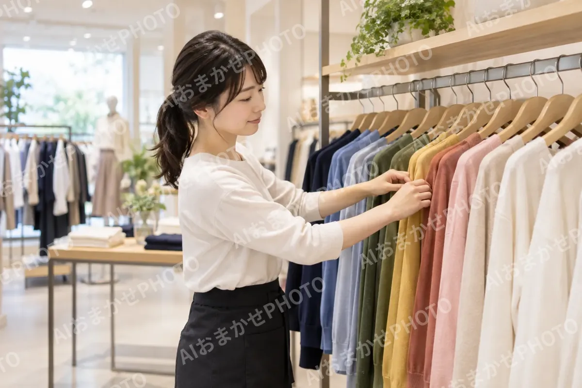 ハンガーの服を色の順にならべる店員（ファッション・アパレル・靴の写真 No.36）