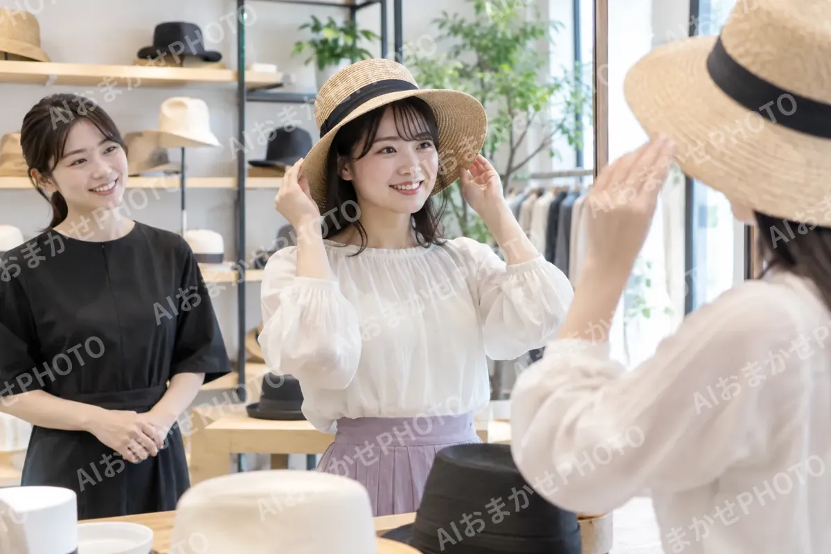 帽子をかぶってみるお客様（ファッション・アパレル・靴の写真 No.39）