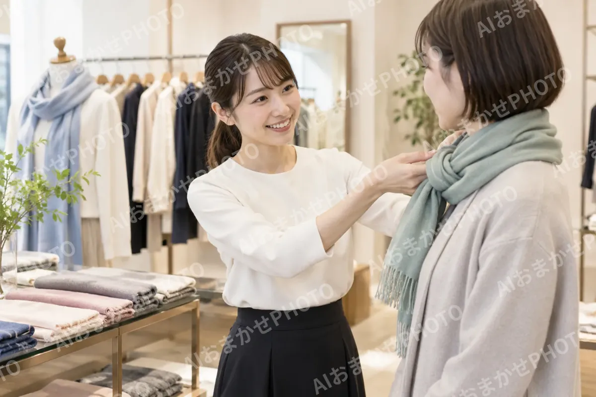 ストールの巻き方を見せる店員（ファッション・アパレル・靴の写真 No.41）