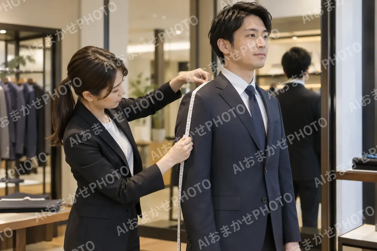 スーツの寸法を測る店員（ファッション・アパレル・靴の写真 No.42）