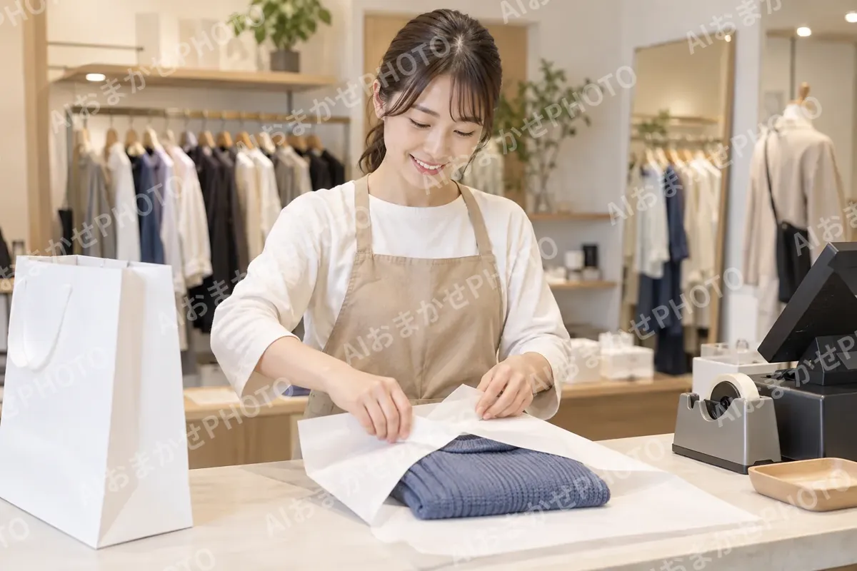 レジで服を包む店員（ファッション・アパレル・靴の写真 No.45）
