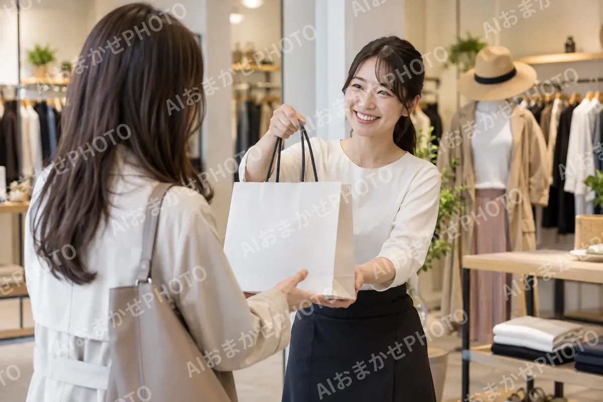 買い物ぶくろをわたして見送る店員（ファッション・アパレル・靴の写真 No.46）