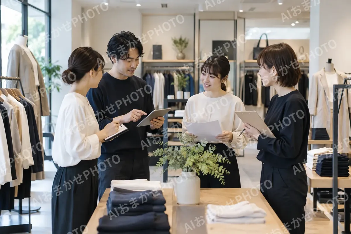 開店前に打ち合わせをする店員たち（ファッション・アパレル・靴の写真 No.47）