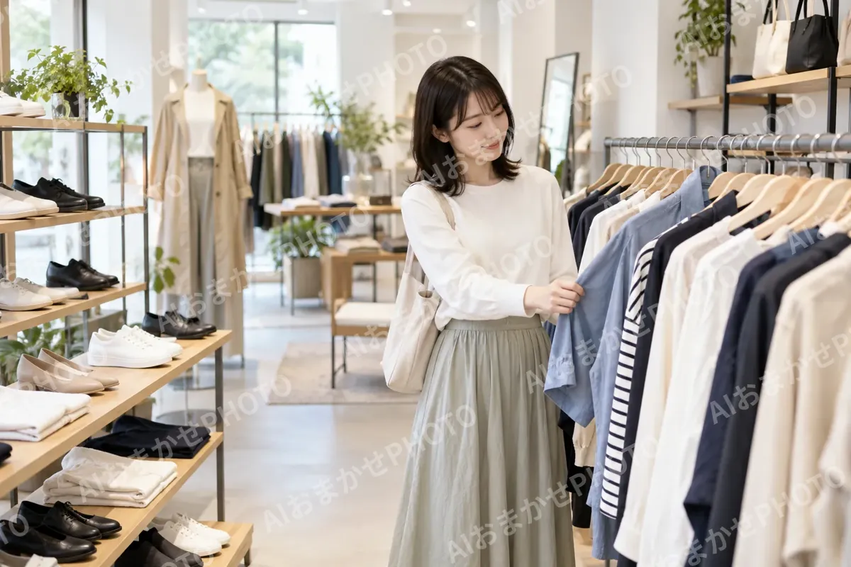 服とくつが並んだ明るい店の中（ファッション・アパレル・靴の写真 No.48）