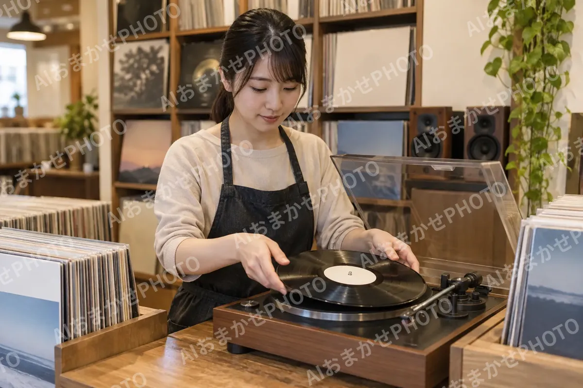 レコードをプレーヤーにのせる店員（楽器店・レコードの写真 No.26）