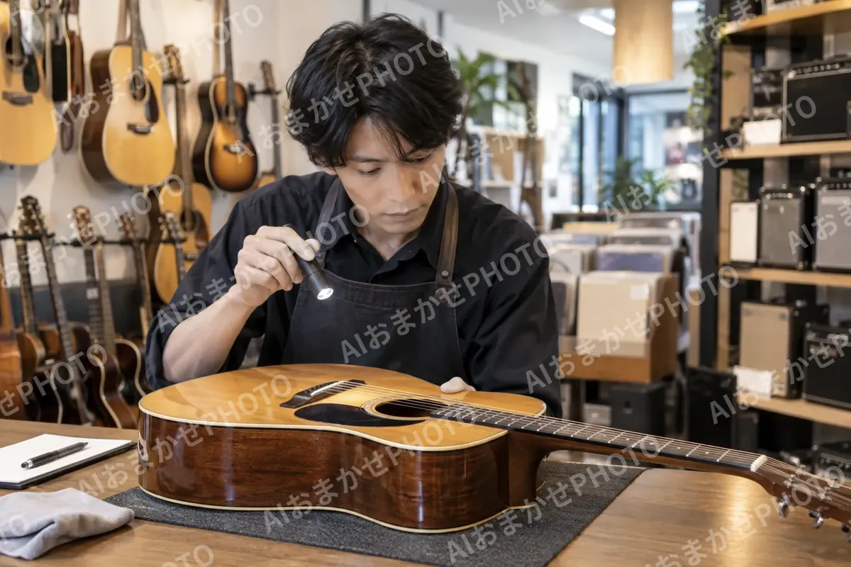 中古の楽器を買い取るために調べる店員（楽器店・レコードの写真 No.28）
