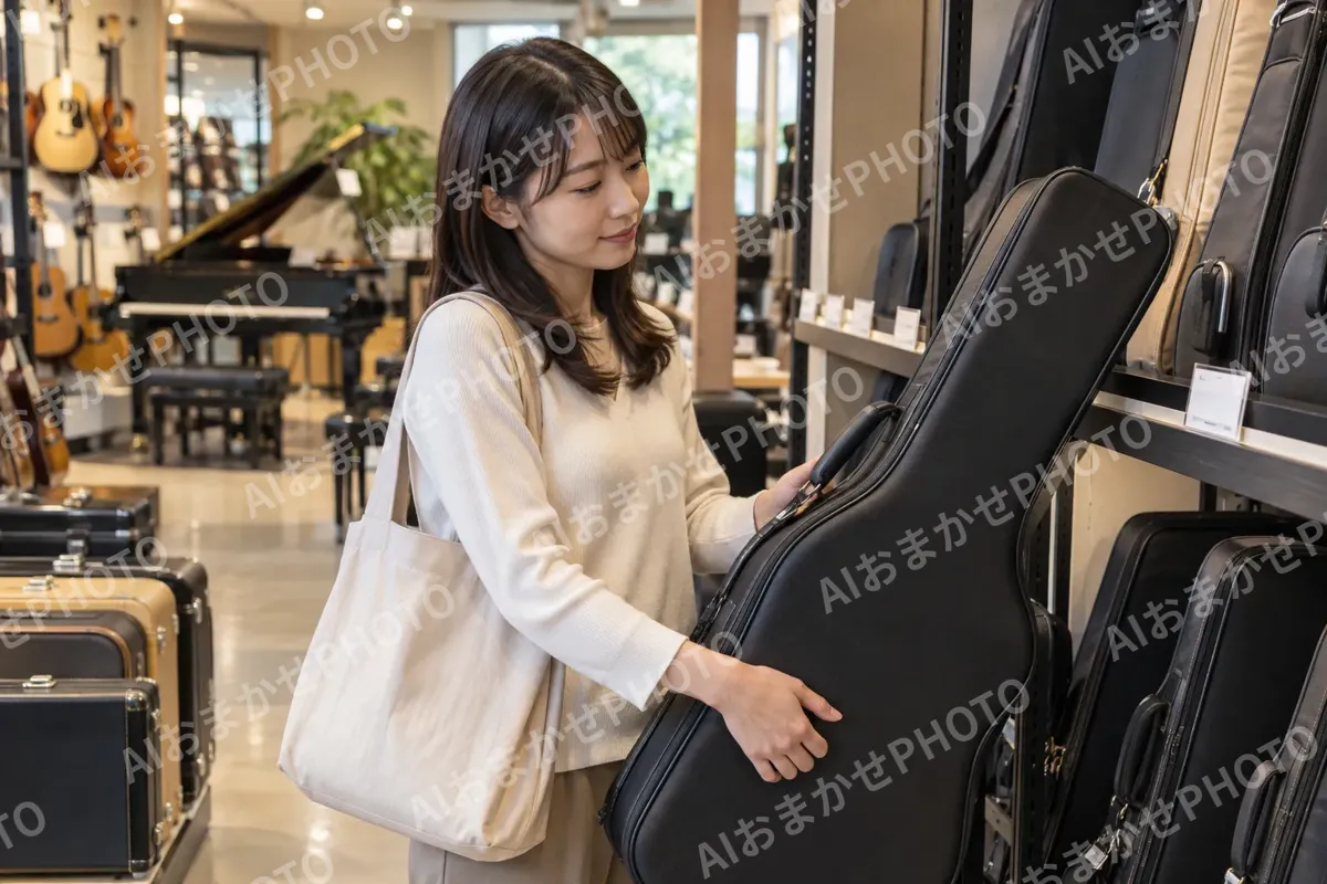 楽器のケースを選ぶお客様（楽器店・レコードの写真 No.29）