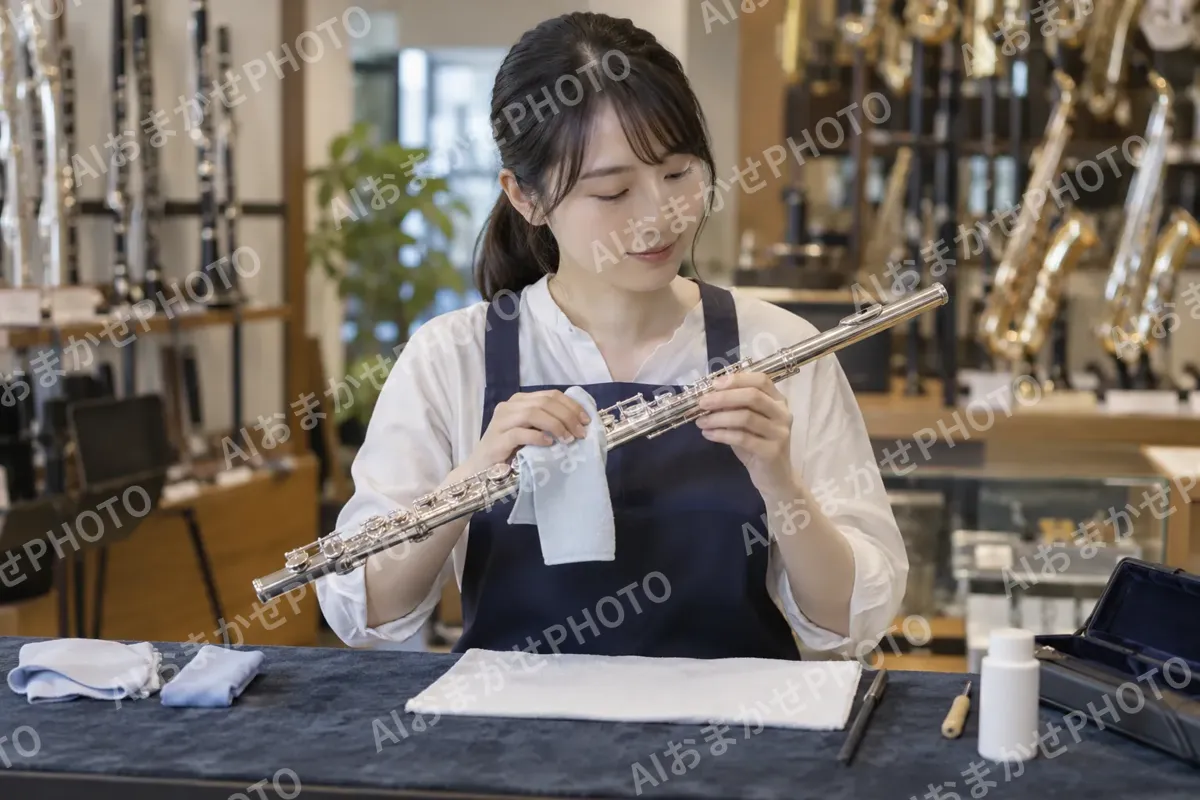 楽器をふいてみがく店員（楽器店・レコードの写真 No.33）